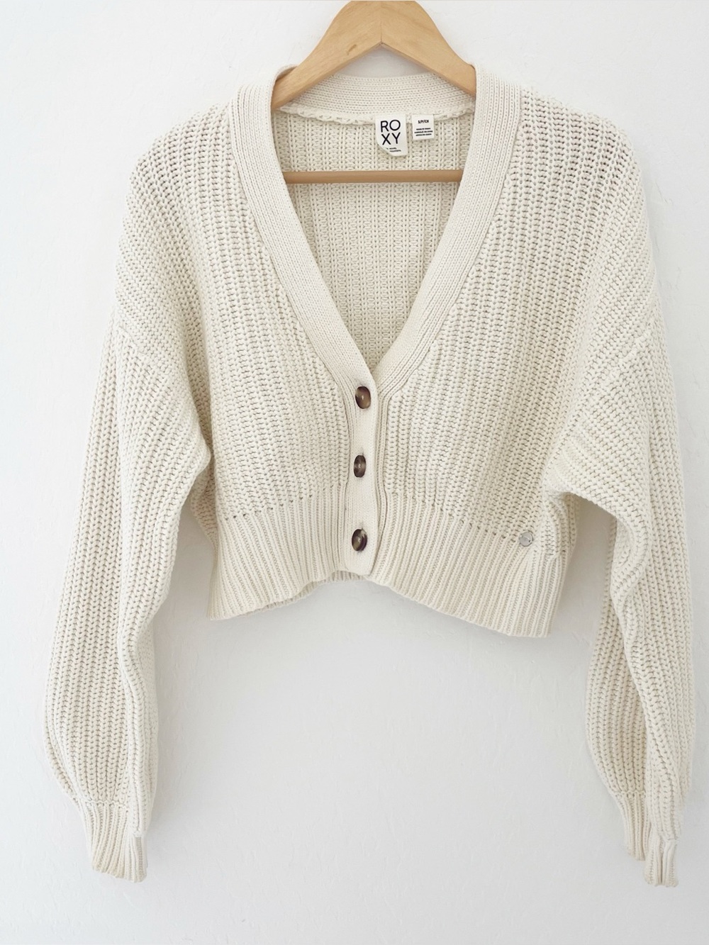 Roxy cropped puff sleeve cream cardigan sweater size small
